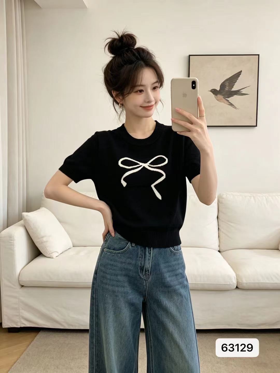 패션 라운드 넥 나비 매듭 자카드 니트 풀오버 반팔