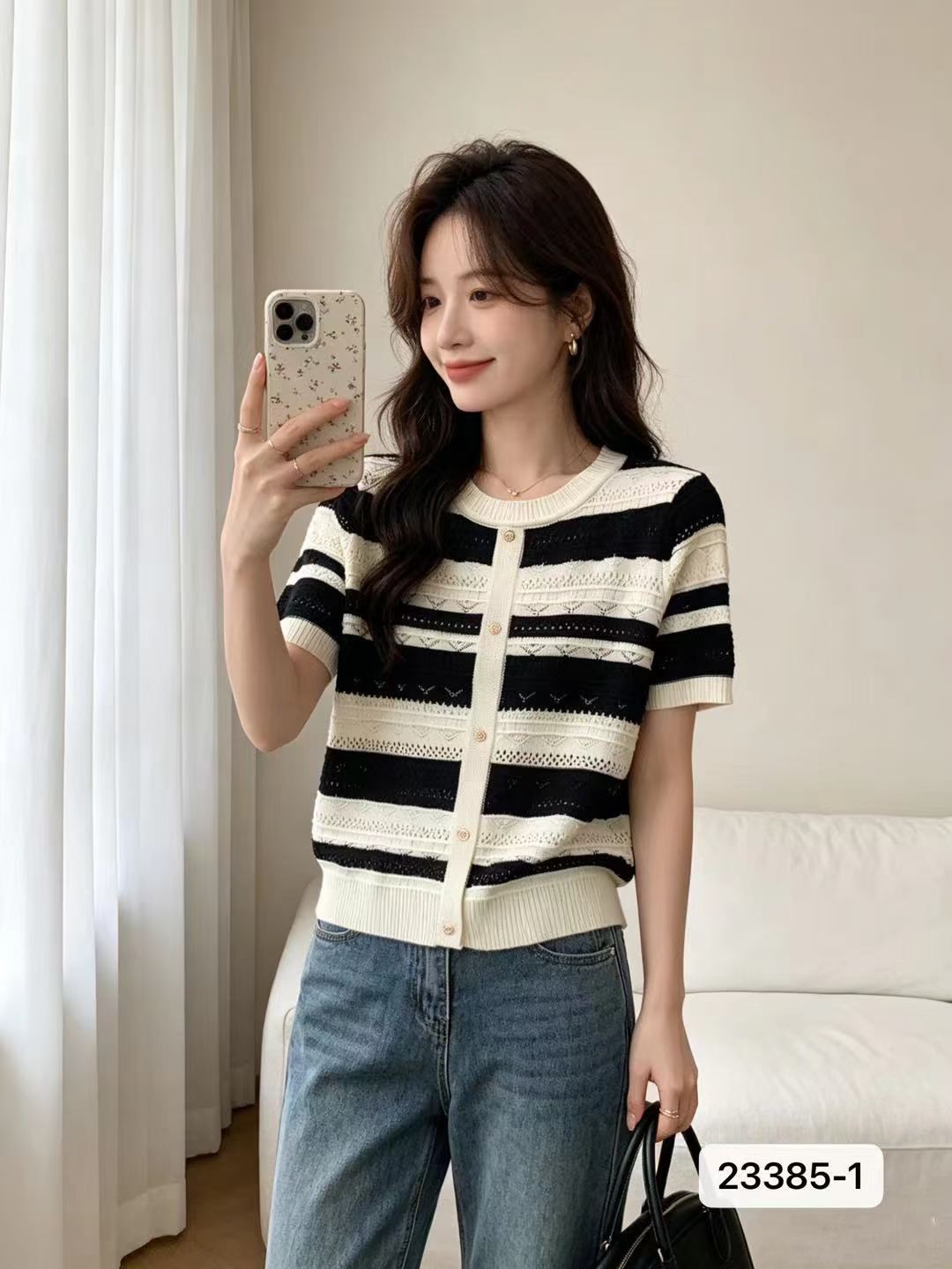 패션 라운드 넥 배색 스트라이프 홀로우 아웃 단추 디자인 풀오버 반팔