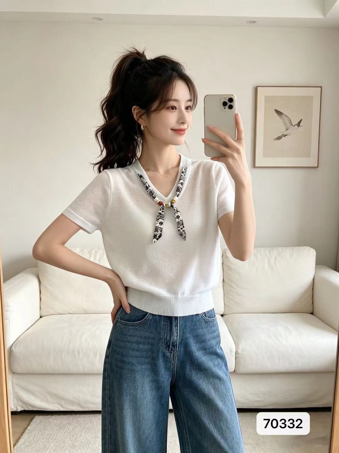 한 부서 V넥 스카프 장식 마이크로 ~을 통해 니트 풀오버 반팔