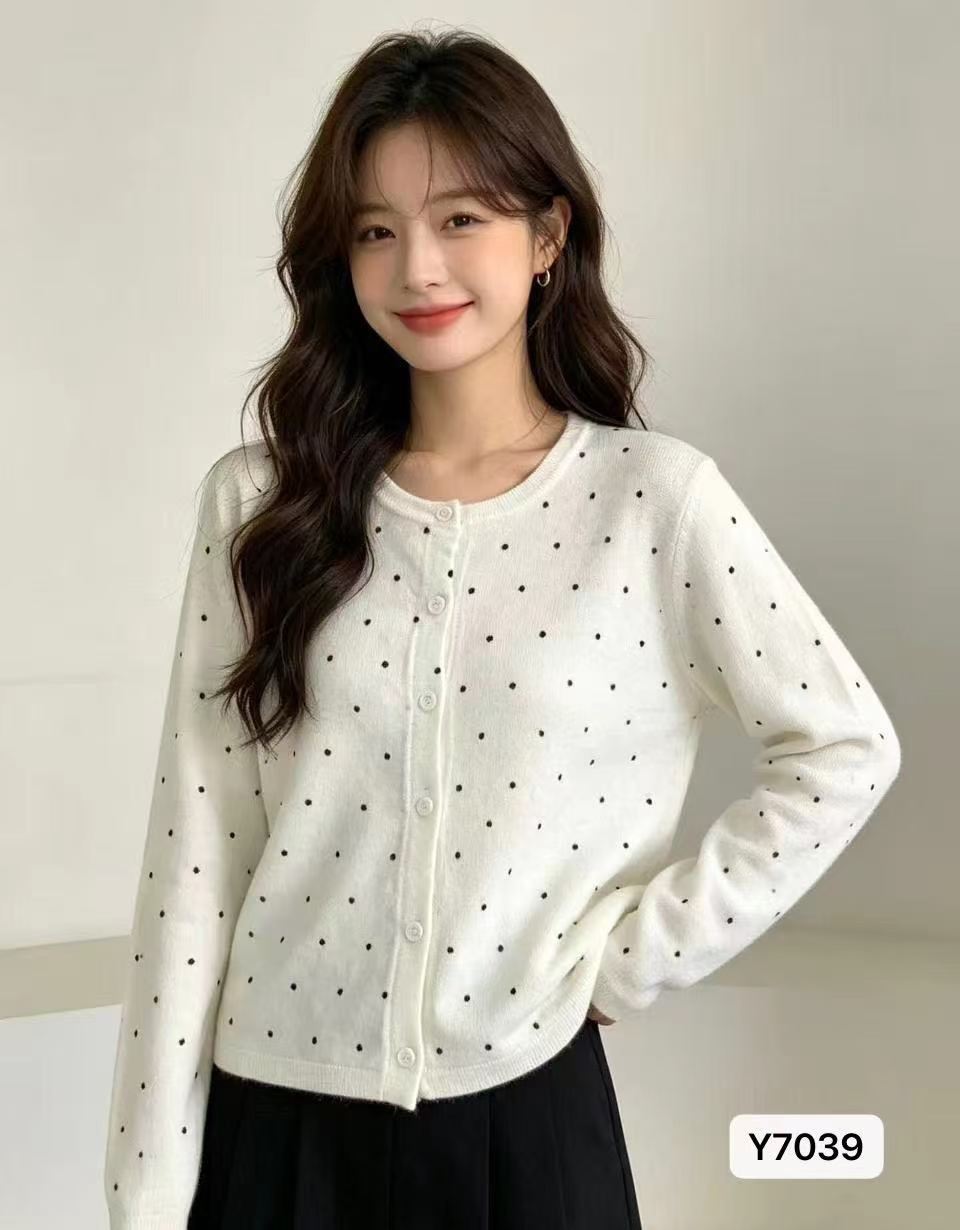 프랑스식 부드러운 바람 라운드 넥 도트 무늬 프린트 니트 긴 소매 자외선 차단 오픈 가디건