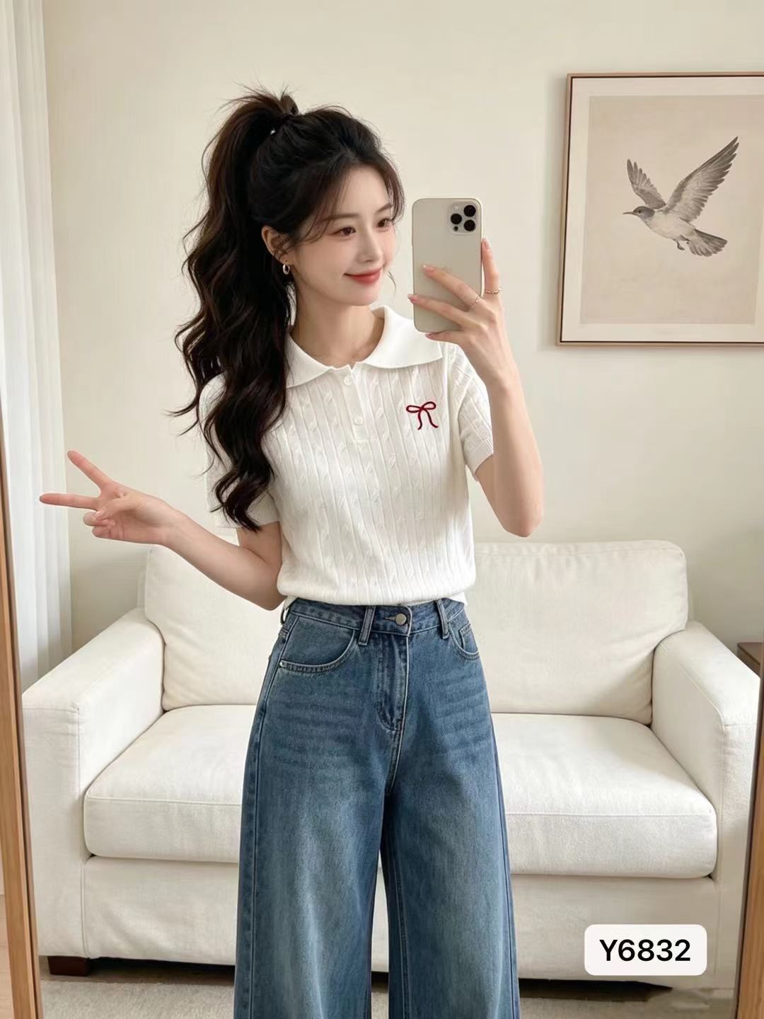패션 폴로 칼라 하프 열린 가슴 나비 매듭 꽈배기 니트 풀오버 반팔