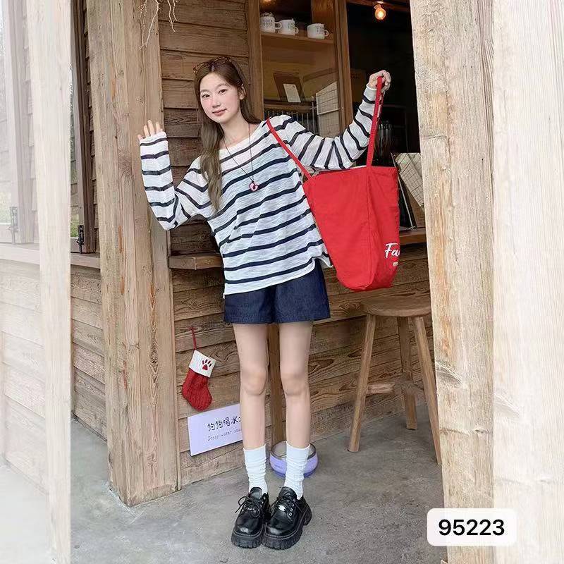 한 부서 라운드 넥 스트라이프 긴팔 니트 풀오버 긴팔 자외선 차단 의류