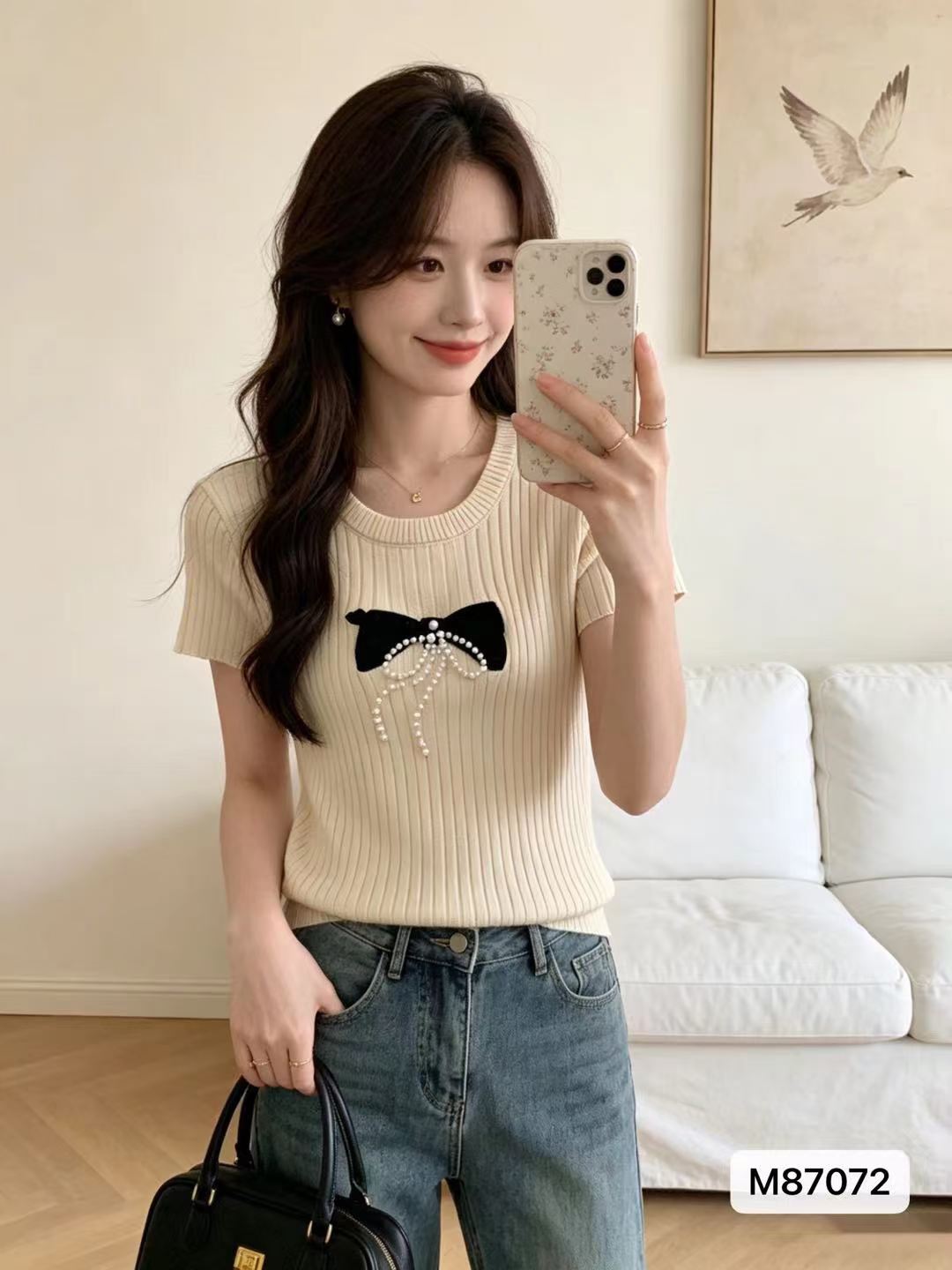 달콤함 연령 감소 라운드 넥 나비 매듭 자수 비즈 박기 몸매 가꾸기 반팔