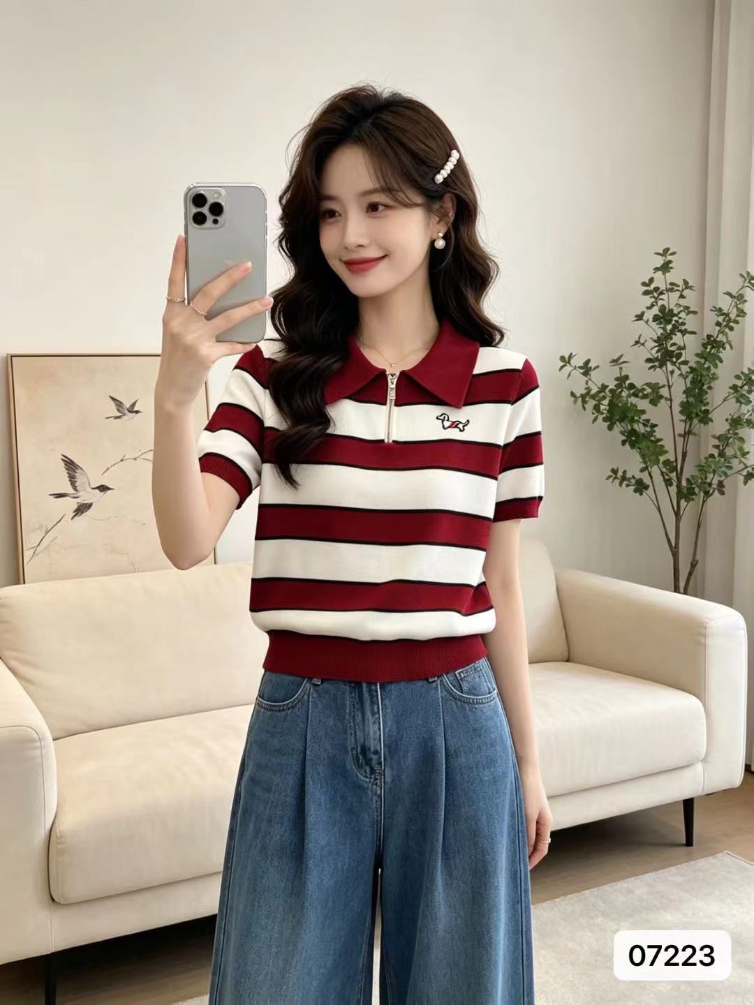 연령 감소 학원 스타일 폴로 칼라 지퍼 하프 열린 가슴 강아지 자수 스트라이프 풀오버 반팔