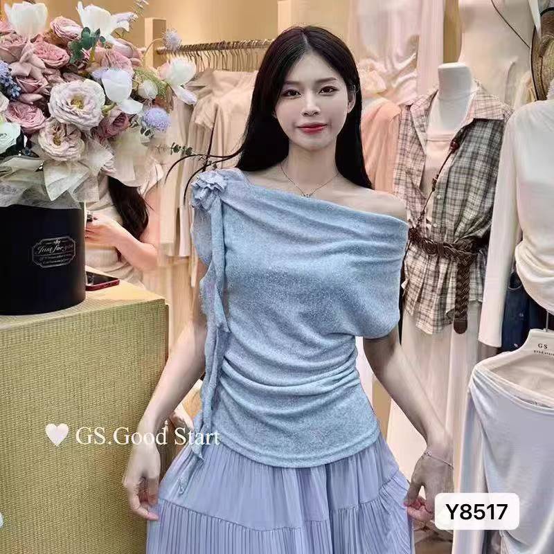 순수한 욕망 작은 대중 디자인 흔들다 칼라 리본 비스듬한 어깨 풀오버 반팔