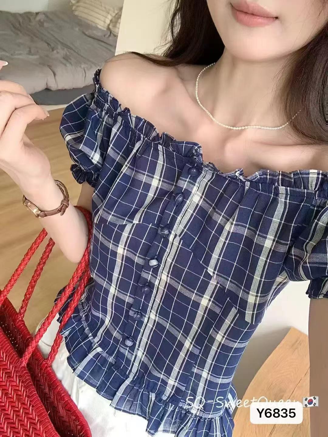 프랑스식 광장 칼라 거품 소매 단추 풀오버 반팔 맨위