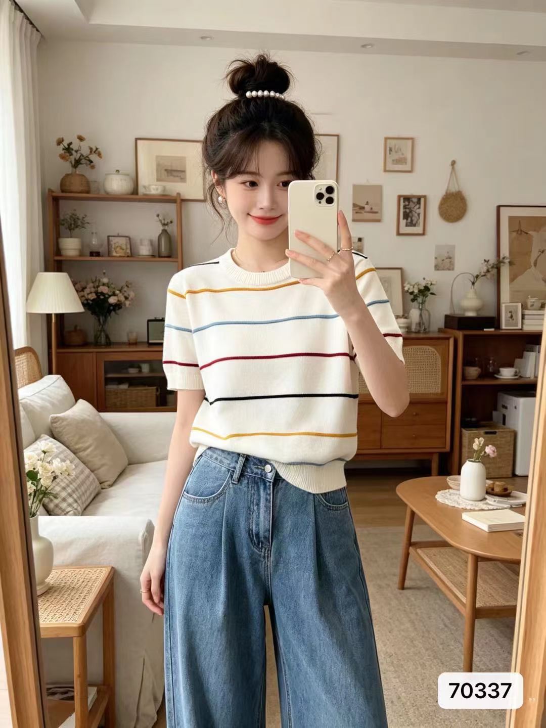 부드러운 바람 라운드 넥 3 차원 색상 스트라이프 풀오버 반팔