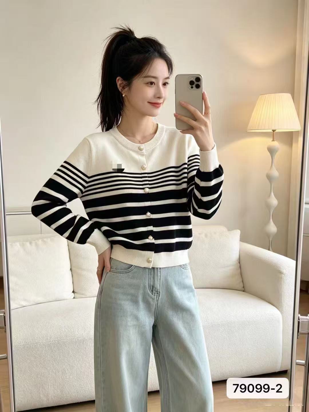 한 부서 라운드 넥 자수 패치워크 색상 스트라이프 다용도 긴팔 오픈 가디건