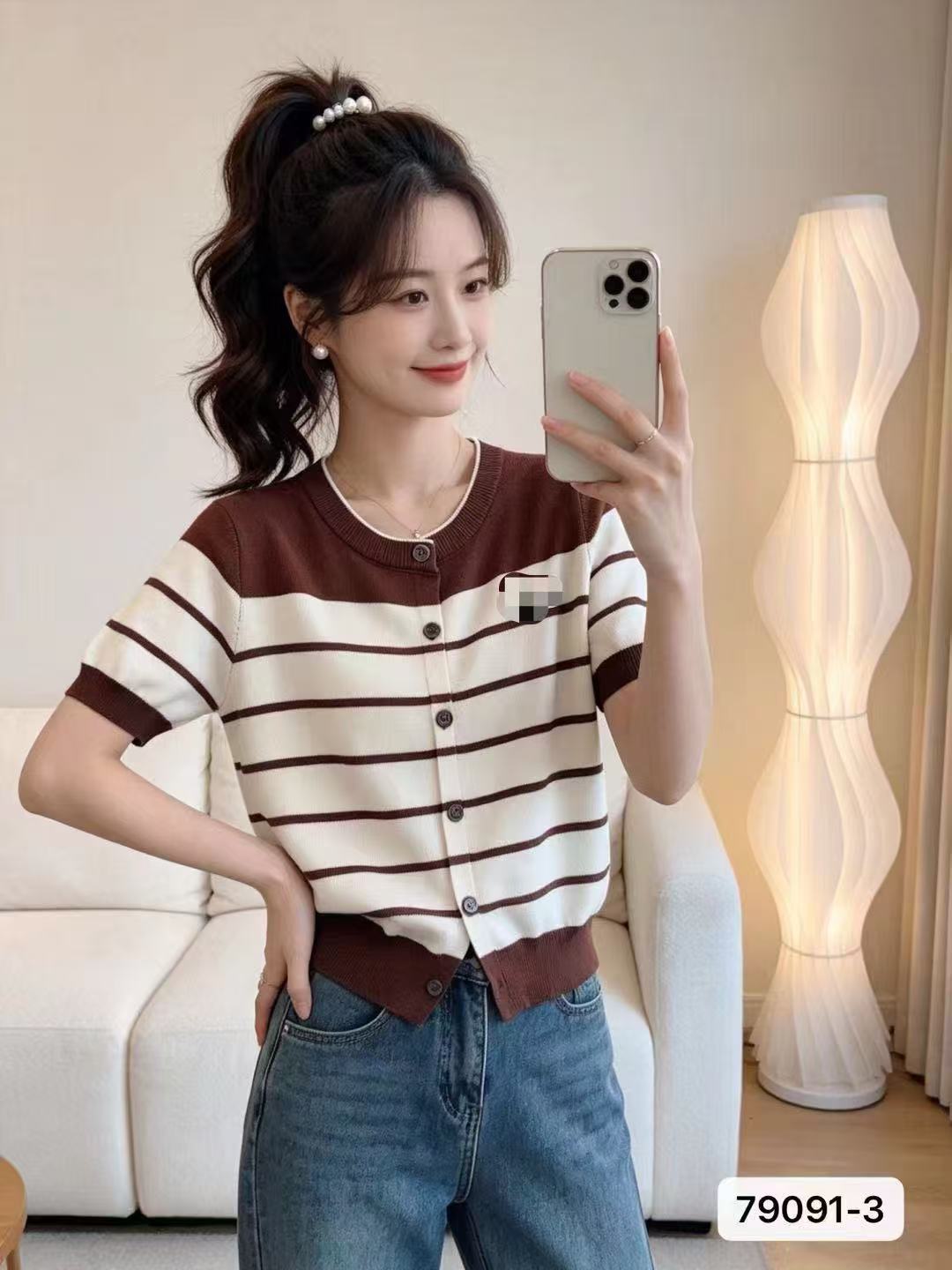패션 외국 가스 라운드 넥 자수 배색 니트 반팔 오픈 가디건