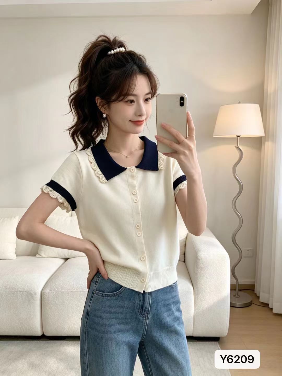 품격 폴로 칼라 패치워크 색상 레이스 싱글 줄 버튼 다용도 반팔 오픈 가디건