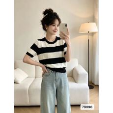 批发时尚圆领拼色立体花纹提花针织套头短袖