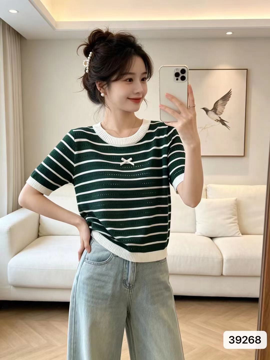패션 트렌드 라운드 넥 나비 매듭 스트라이프 홀로우 아웃 니트 풀오버 반팔