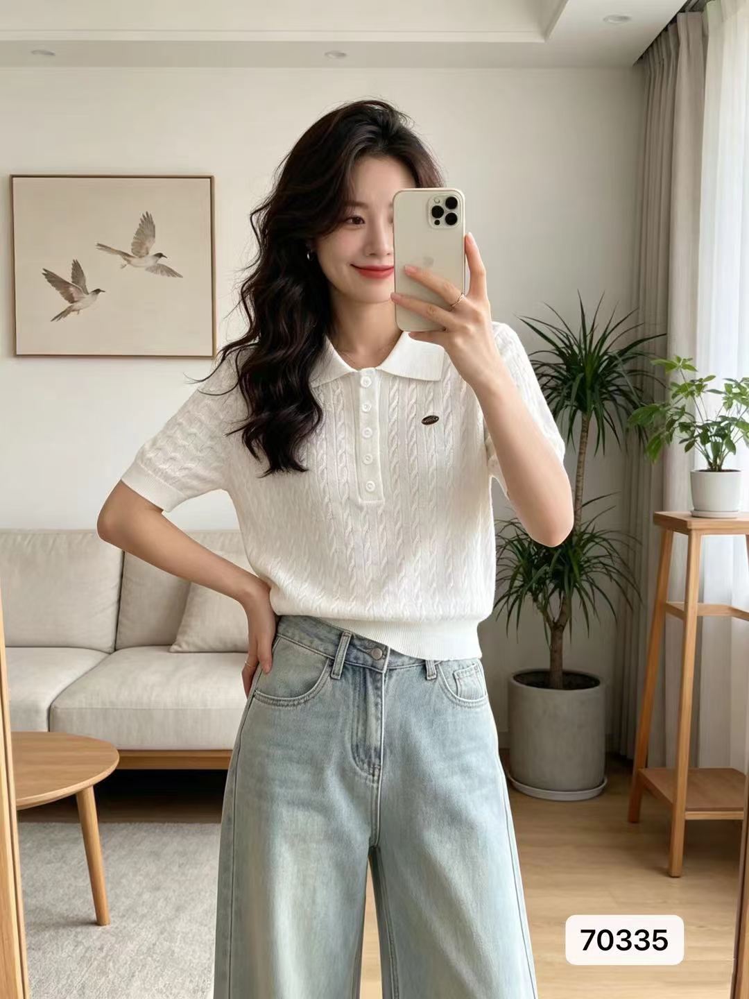 품격 폴로 칼라 하프 열린 가슴 꽈배기 니트 풀오버 반팔