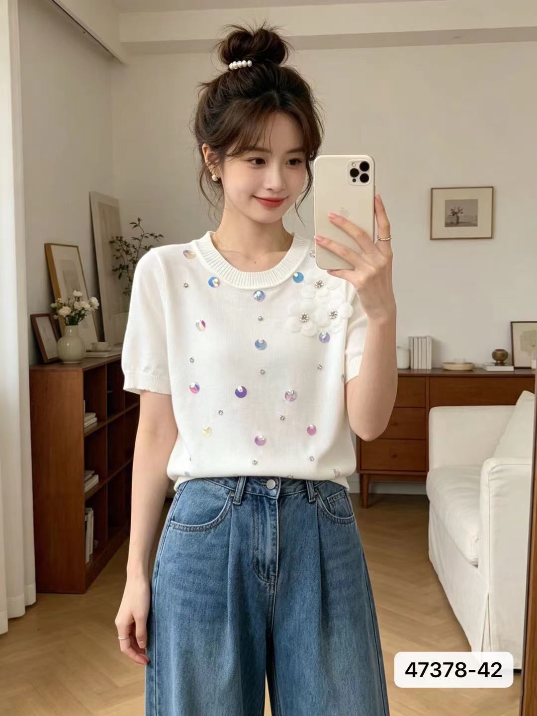 패션 라운드 넥 스팽글 비즈 박기 3 차원 꽃 풀오버 반팔