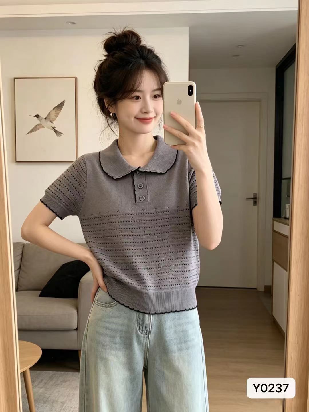 고유 한 아름다운 폴로 칼라 하프 열린 가슴 홀로우 아웃 니트 풀오버 반팔