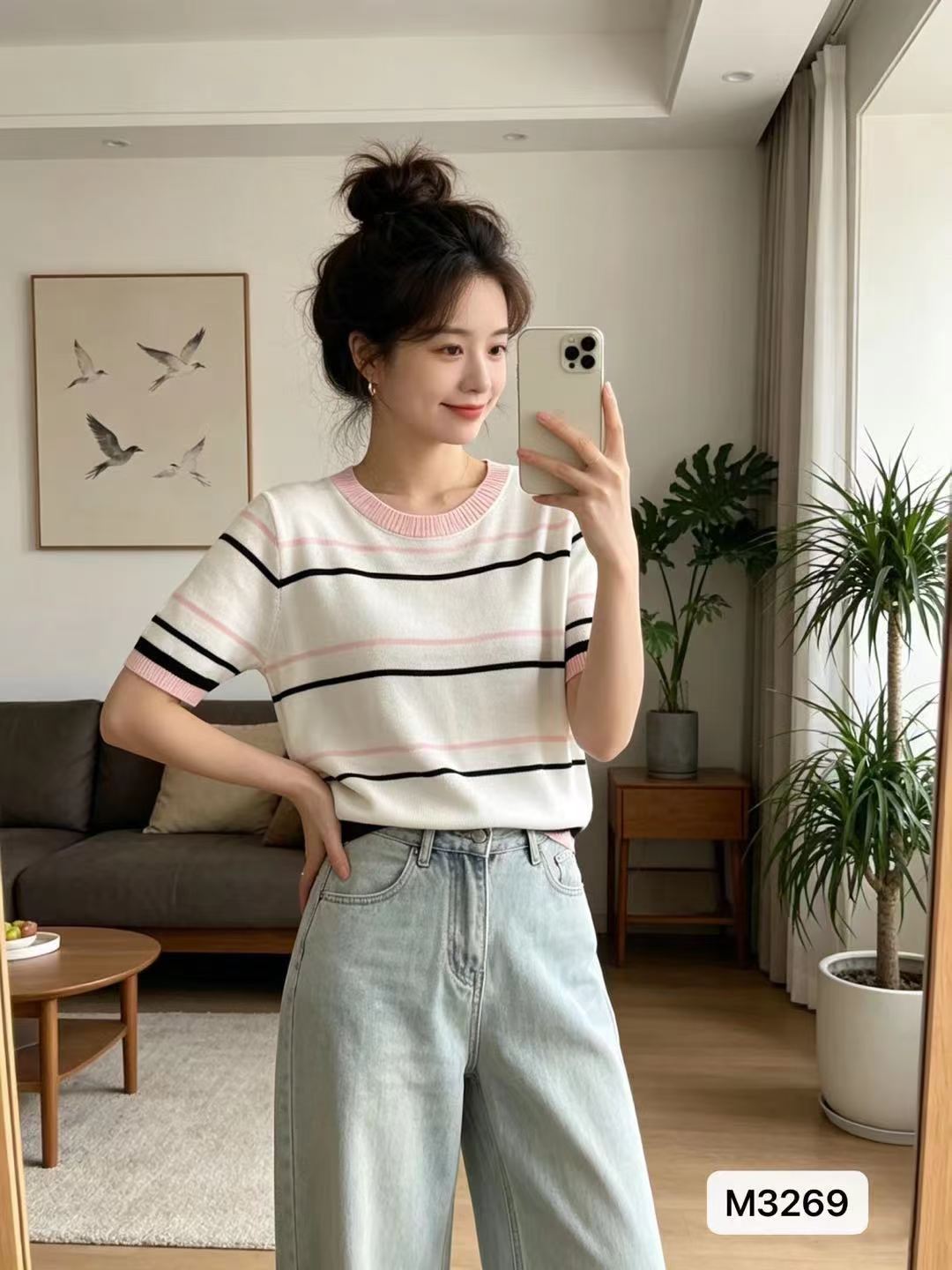 한국 스타일 라운드 넥 스트라이프 배색 니트 풀오버 반팔