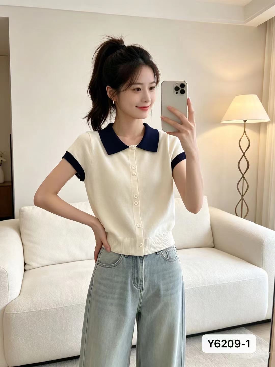 한국 스타일 폴로 칼라 배색 미니멀리즘 디자인 싱글 줄 버튼 반팔 오픈 가디건