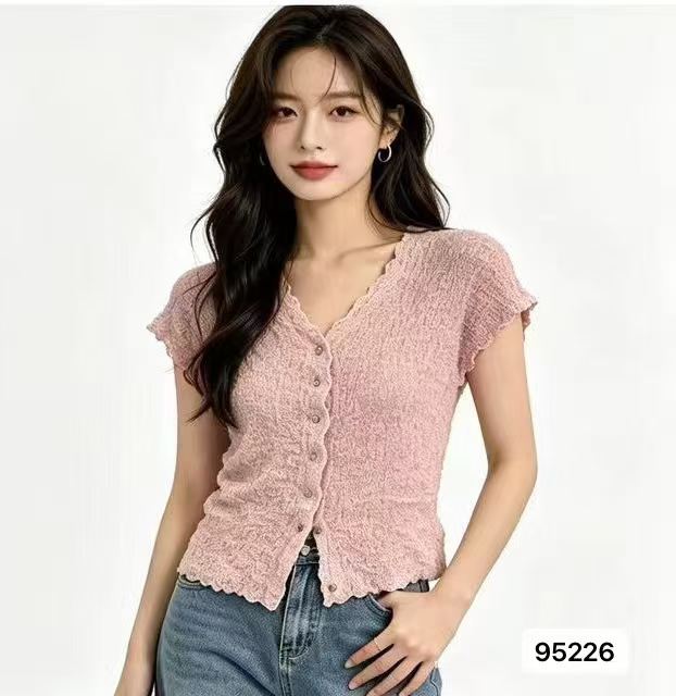 미니멀리즘 오래된 돈 바람 V넥 질감 단추 반팔 오픈 가디건