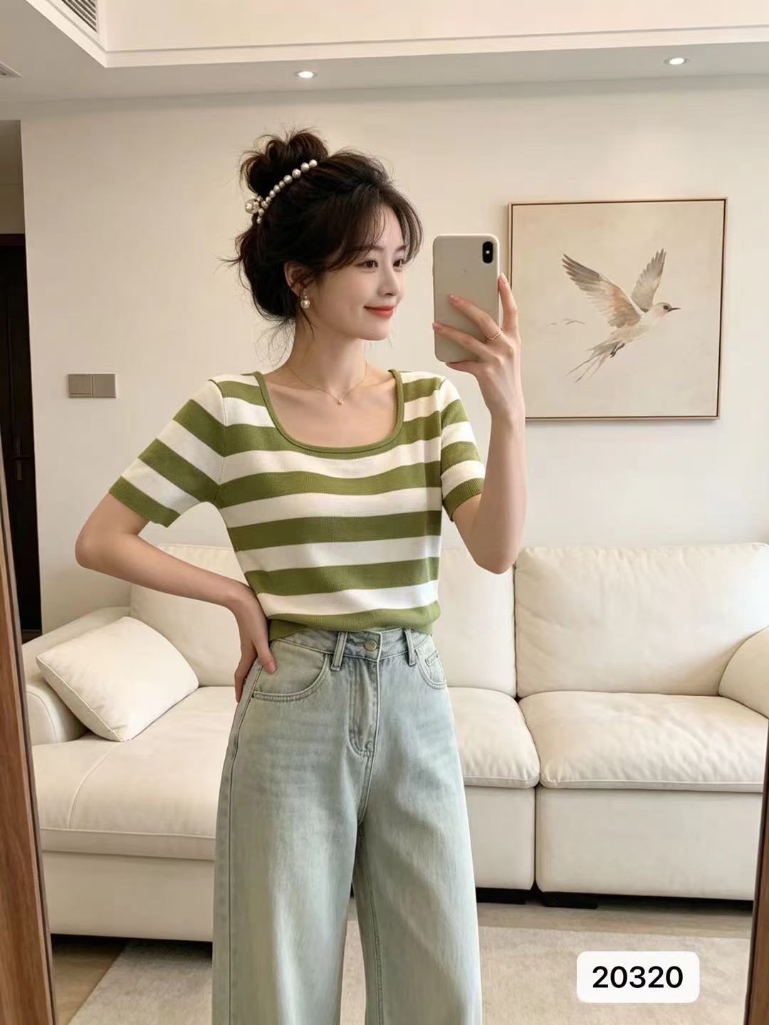 패션 더블 u 칼라 배색 스트라이프 니트 풀오버 반팔
