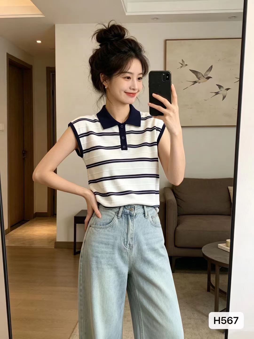 패션 폴로 칼라 단추 하프 열린 가슴 스트라이프 풀오버 맨위