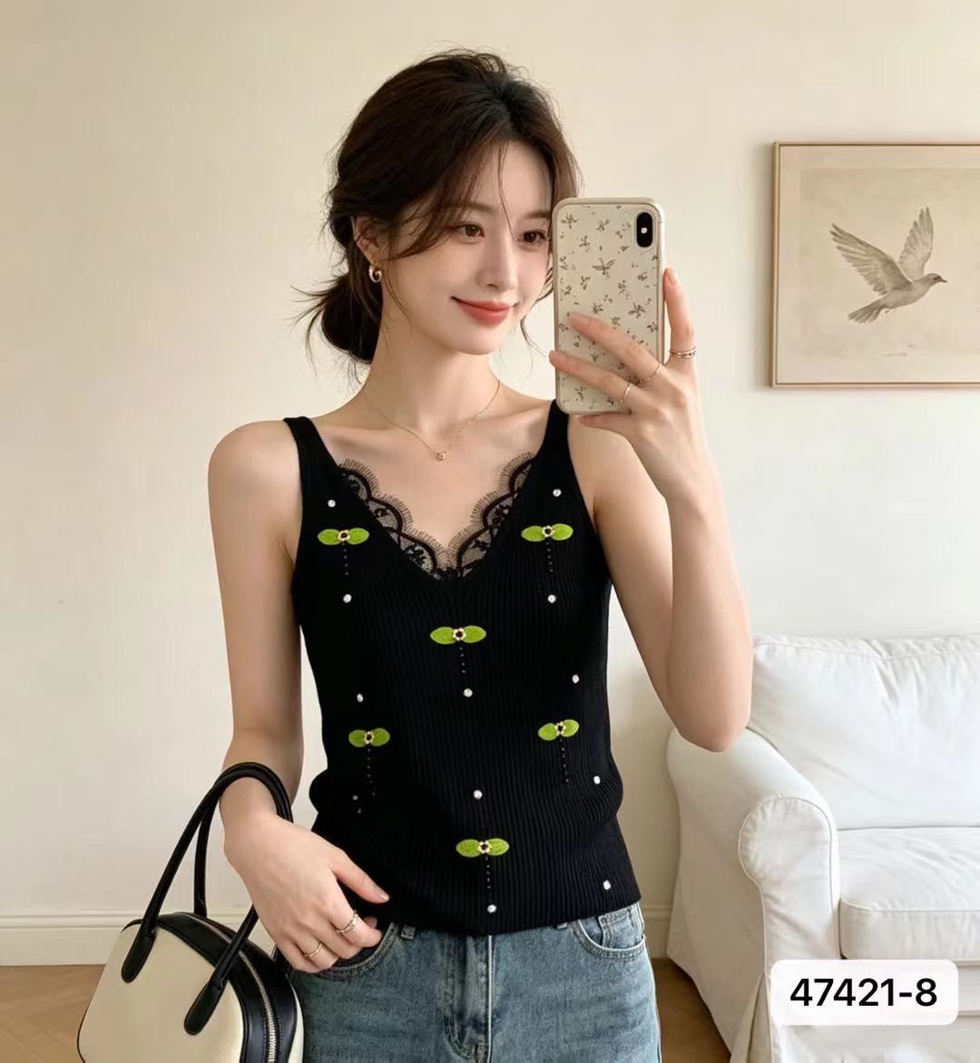 패션 V넥 레이스 잎사귀 장식 비즈 박기 몸매 가꾸기 풀오버 슬립