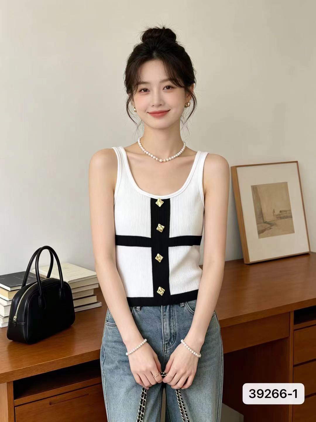 작은 샤넬 스타일 u 칼라 패치워크 색상 금속 버클 니트 풀오버 조끼