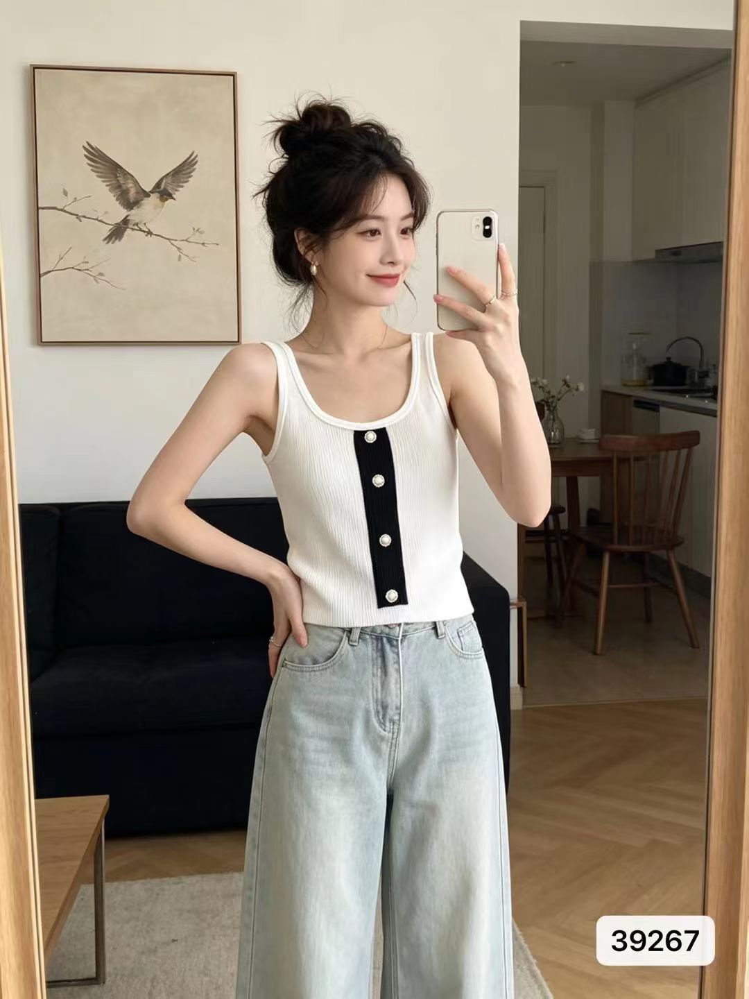 작은 샤넬 스타일 u 칼라 패치워크 색상 꽃 종류 버클 니트 풀오버 조끼