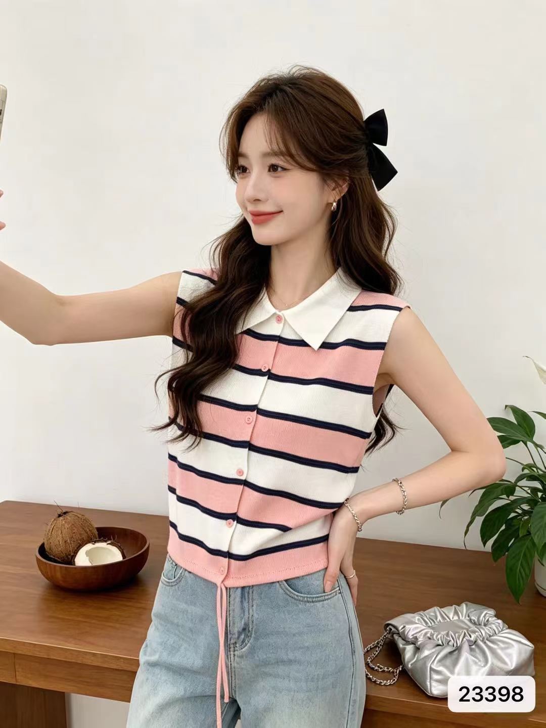 패션 폴로 칼라 배색 스트라이프 허리 수축 레이스업 디자인 조끼 오픈 가디건