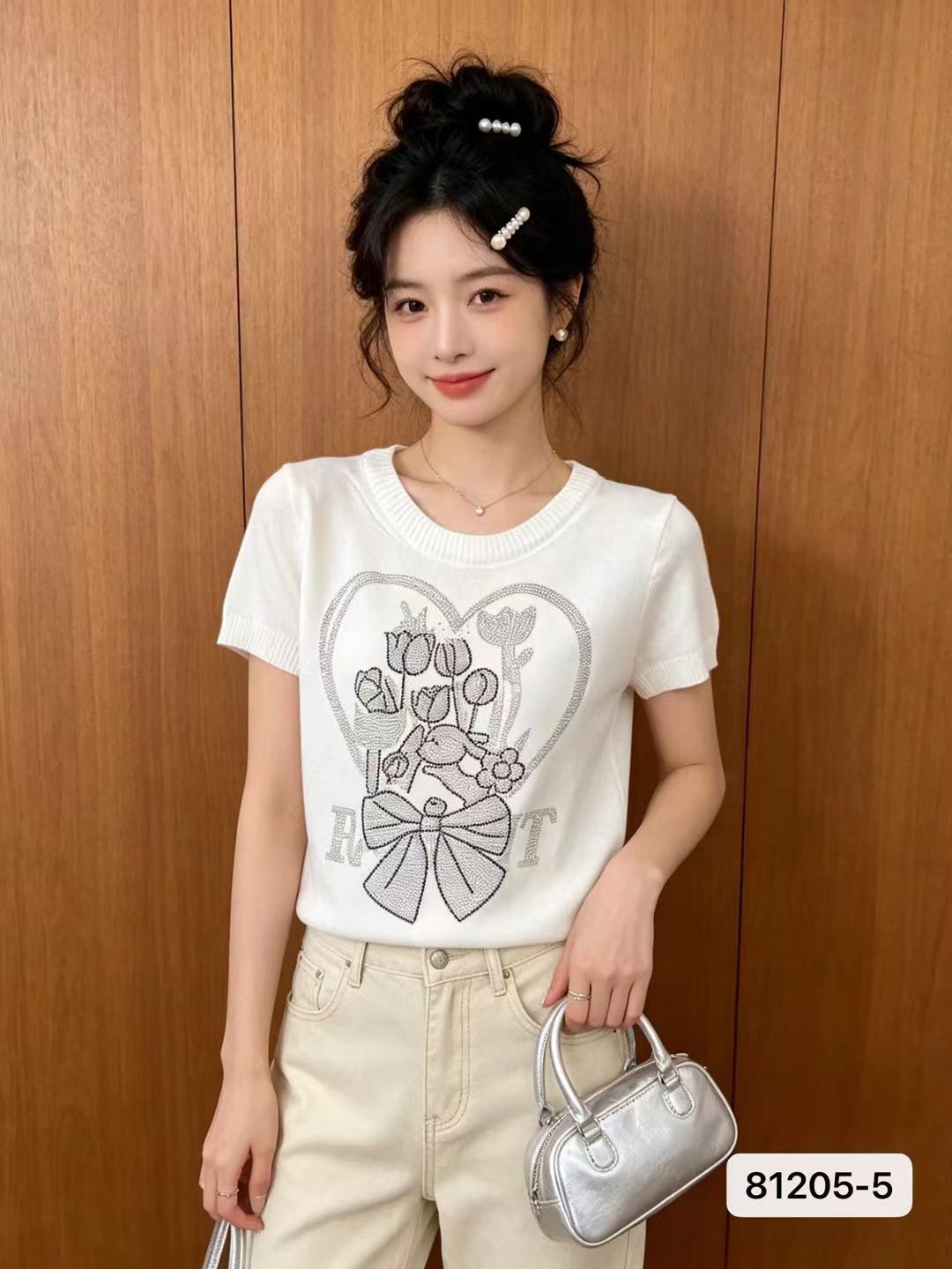패션 라운드 넥 하트 나비 매듭 핫픽스 니트 풀오버 반팔