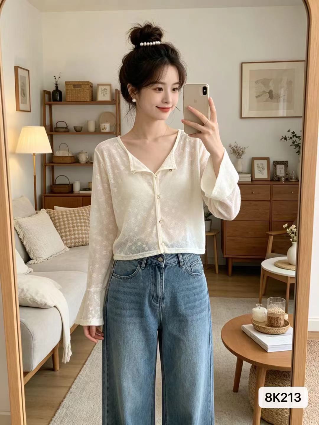 달콤함 연령 감소 라운드 칼라 플라워 종류 버클 나팔 소매 오픈 가디건 자외선 차단 의류