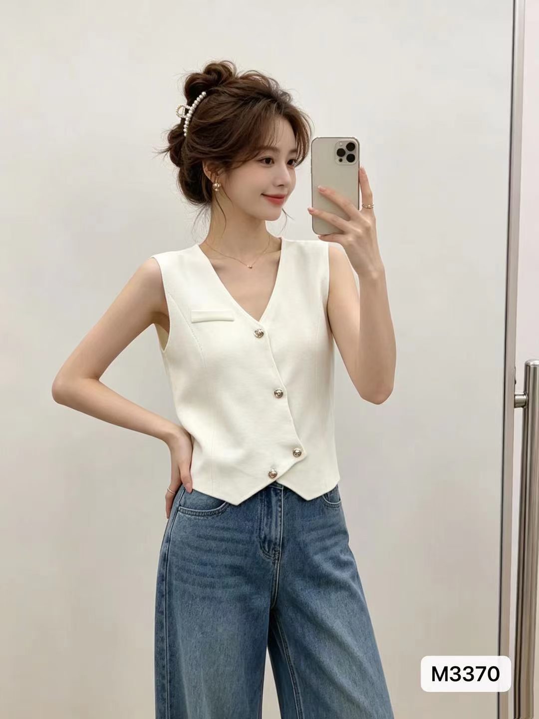 작은 샤넬 스타일 V넥 비스듬한 단추 디자인 불규칙 조끼 오픈 가디건