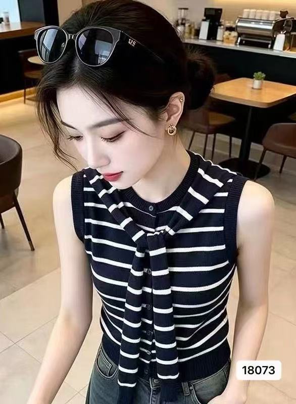 패션 라운드 넥 배색 스트라이프 레이스업 디자인 조끼 오픈 가디건
