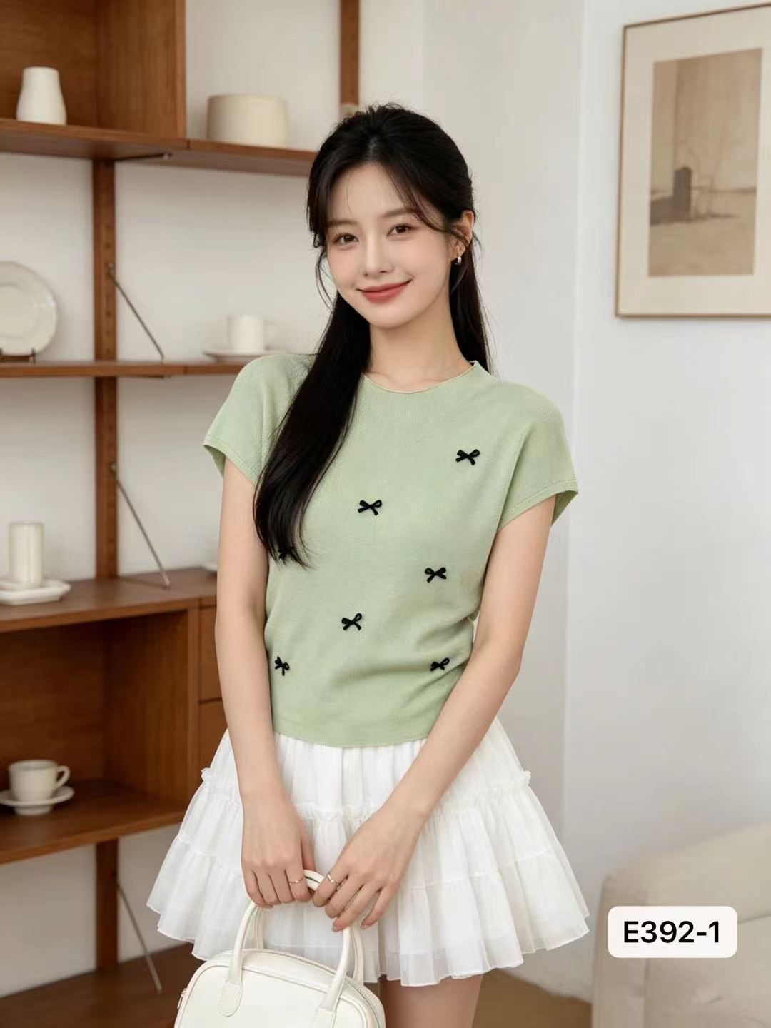 한 부서 부드러운 소녀 반하이넥 나비 매듭 주름 허리 수축 풀오버 맨위