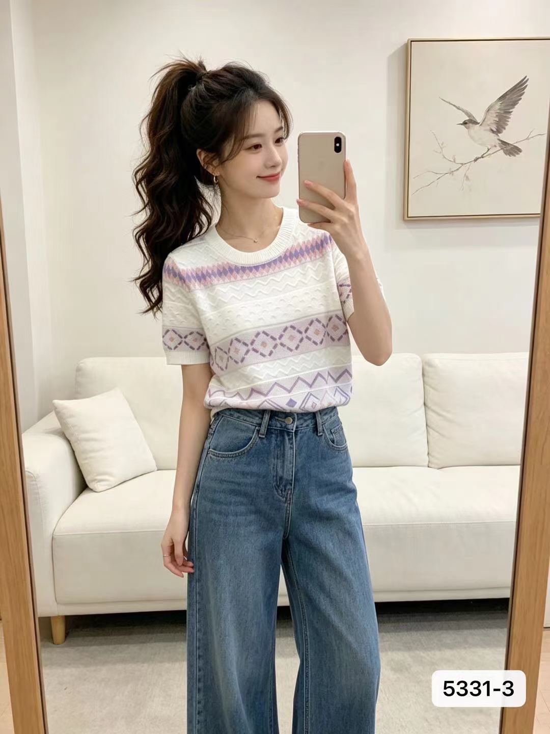 한 부서 라운드 넥 링 그리드 자카드 질감 니트 풀오버 반팔