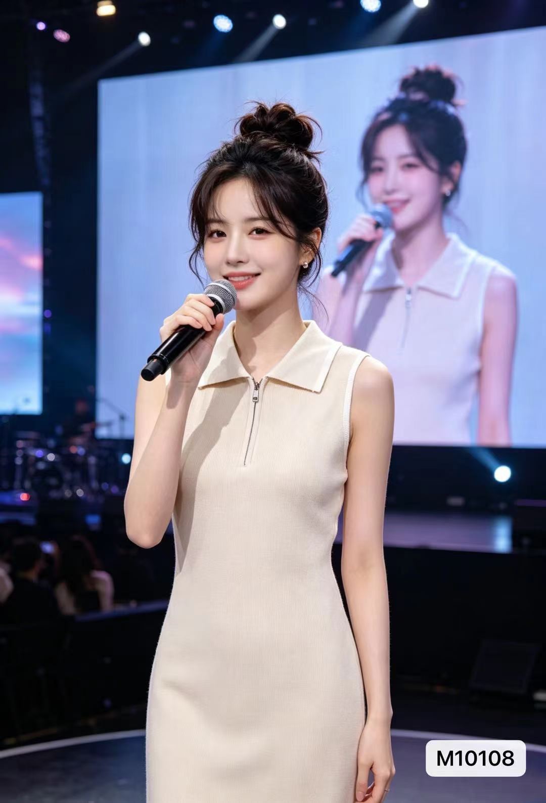 프랑스식 품격 폴로 칼라 하프 지퍼 디자인 배색 측면 조끼 원피스