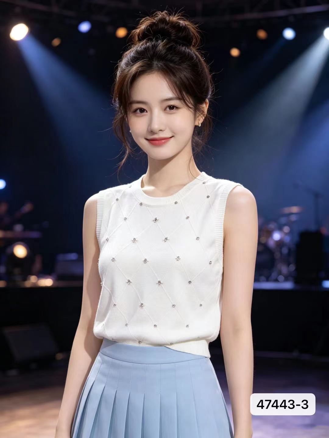 달콤함 연령 감소 라운드 넥 링 그리드 니트 비즈 박기 풀오버 조끼