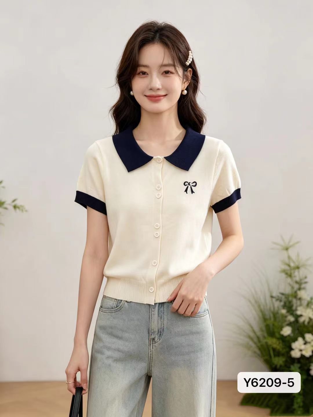 품격 폴로 칼라 패치워크 색상 디자인 나비 매듭 자수 반팔 오픈 가디건