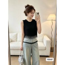 批发纯欲风圆领坑条显瘦欧根纱拼接套头背心