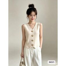 批发小香风V领金属扣设计背心开衫