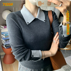 批发秋季法式温柔撞色POLO领长袖<b class='q'>针织衫</b>女显瘦<b class='q'>打底衫</b>