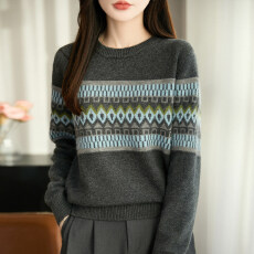 批发羊毛针织衫女复古费尔岛提花<b class='q'>羊绒</b>毛衣圆领宽松内搭打底上衣潮