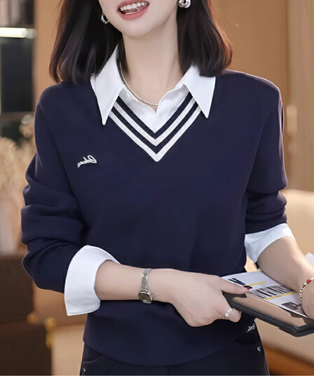 페이크 레이어드 polo 폴로 칼라 긴팔 니트 스웨터 여성 2026 봄 가을 새로운 루즈핏 슬림해 보이는 고급 센스 외국 가스 맨위