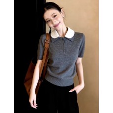 批发简约宽松舒适显瘦日常通勤灰色上衣女2026早春翻领半扣毛衣T恤衫