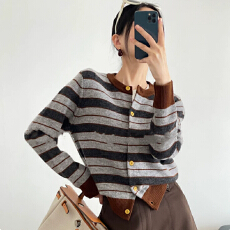 批发复古风！条纹拼色针织衫开衫秋冬女撞色保暖高级感绵羊毛毛衣外套