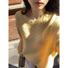 批发羊毛清新立体小方格纹微镂空复古圆领保暖针织毛衣女