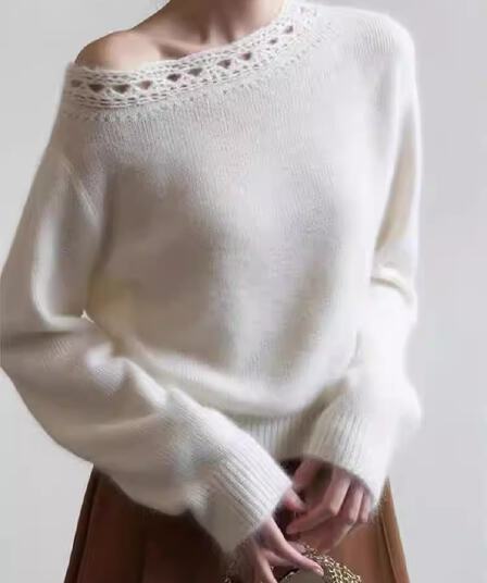 프랑스식 고급 센스 산양 캐시미어 셔츠 여성 비스듬한 칼라 품격 인사이드 가져 가라. 홀로우 아웃 스웨터 두꺼운 니트 기본 셔츠 외출용