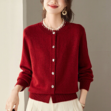 批发羊毛衫<b class='q'>女</b>春秋圆领<b class='q'>针织衫</b>开衫短款外搭红色<b class='q'>毛衣</b>外套
