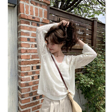 批发镂空小V领针织罩衫女夏季2026年新款宽松小个子<b class='q'>薄款</b>上衣