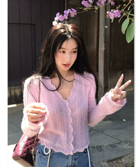 원사 업그레이드 부드럽다 아기 낙타 털 양모 홀로우 아웃 레이스 오픈 가디건