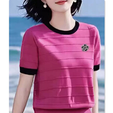 短袖薄款休闲百搭上衣女2026年夏季新款山茶花刺绣针织衫T恤小衫